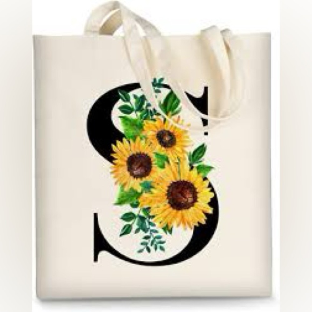 Letter “S” Canvas Tote Cotton Yellow Sunflower White Black Initial S Monogram